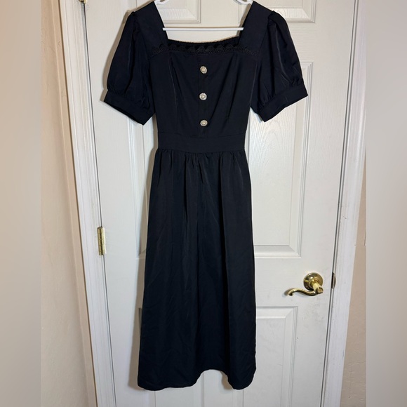 Scarlet Darkness Vintage-Inspired Black Midi Dress Puff Sleeves Ornate Buttons - Picture 1 of 9
